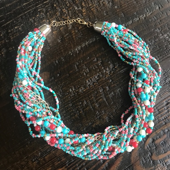 SEED BEAD Multi Strand Statement Necklace Teal Red White Coral NEW! 497A1 - Picture 3 of 9